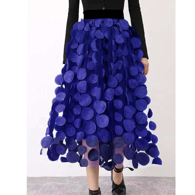 Women’s A-Line Midi Skirt – Layered Tulle – Voluminous Fit – Circular Appliqués – Belted Waist