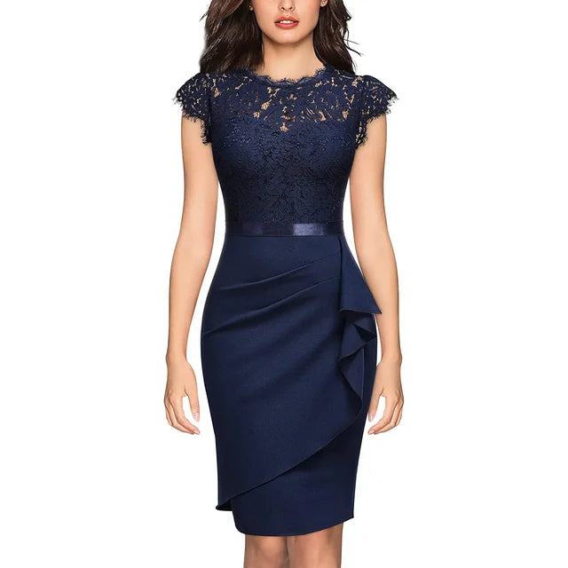 Women's Cocktail Dress - Lace Overlay - Cap Sleeves - Satin Waistband - Ruffle Detail