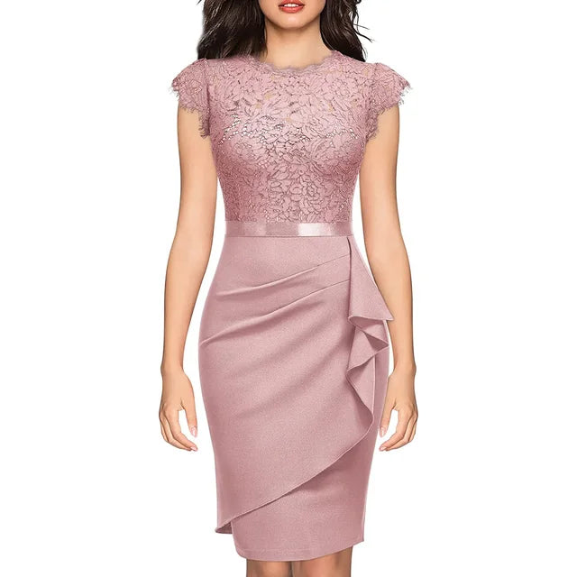 Women's Cocktail Dress - Lace Overlay - Cap Sleeves - Satin Waistband - Ruffle Detail