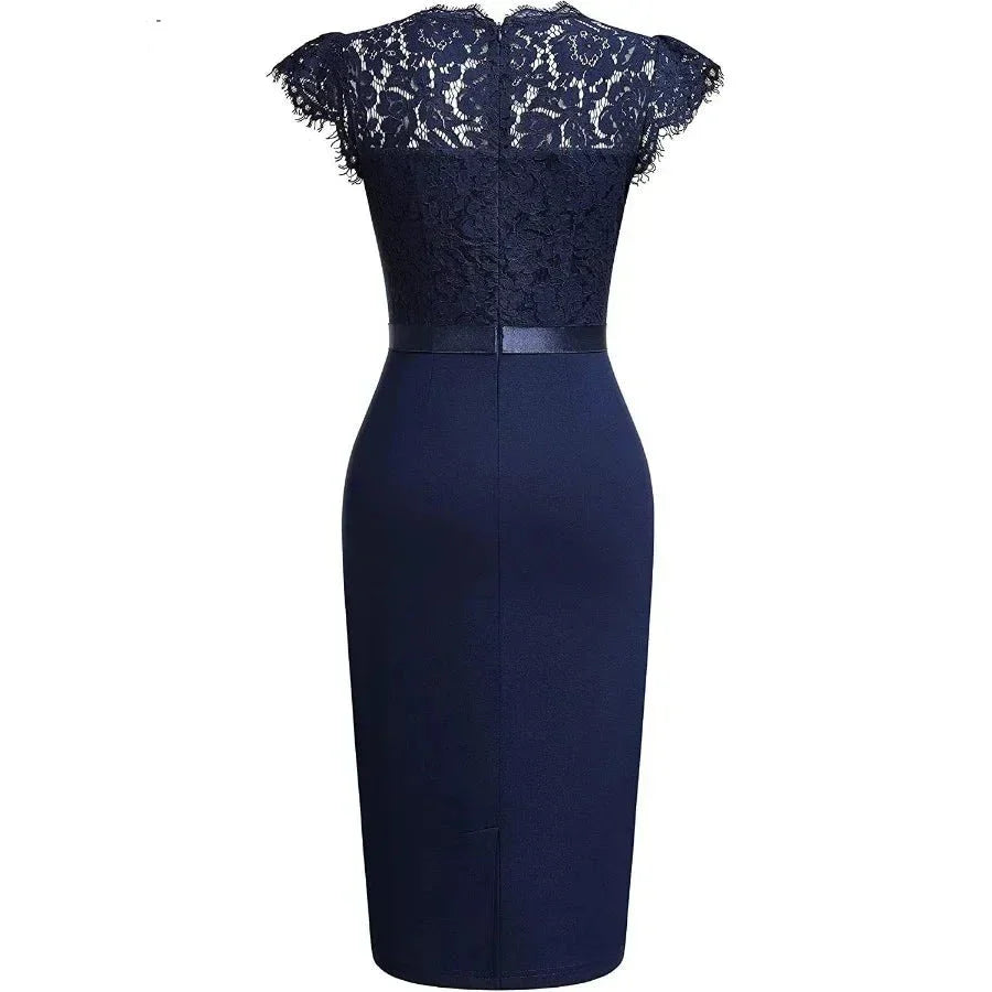 Women's Cocktail Dress - Lace Overlay - Cap Sleeves - Satin Waistband - Ruffle Detail