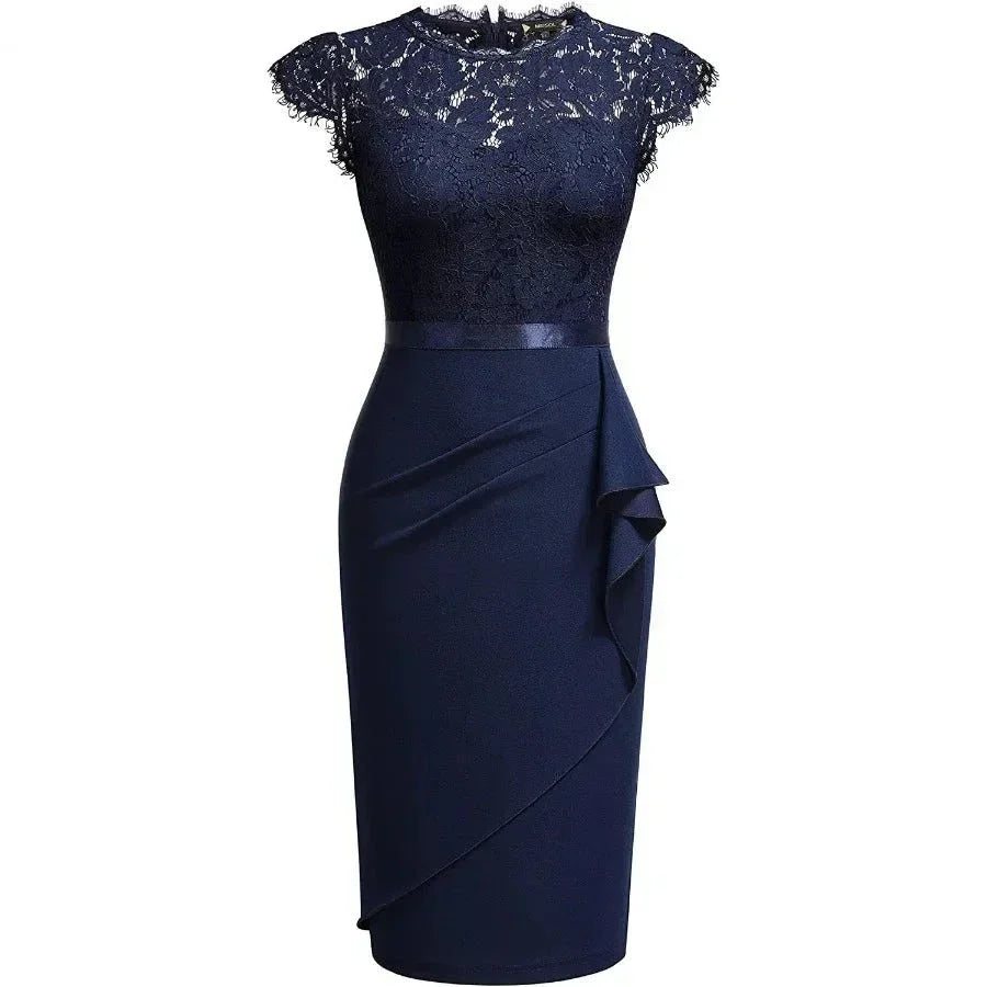 Women's Cocktail Dress - Lace Overlay - Cap Sleeves - Satin Waistband - Ruffle Detail