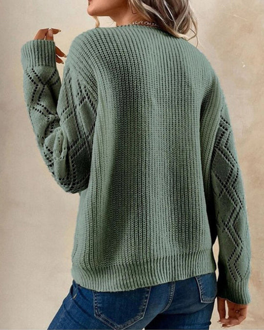 Women’s V-Neck Sweater – Soft Knit – Relaxed Fit – Lace Trim – Open Knit Sleeves