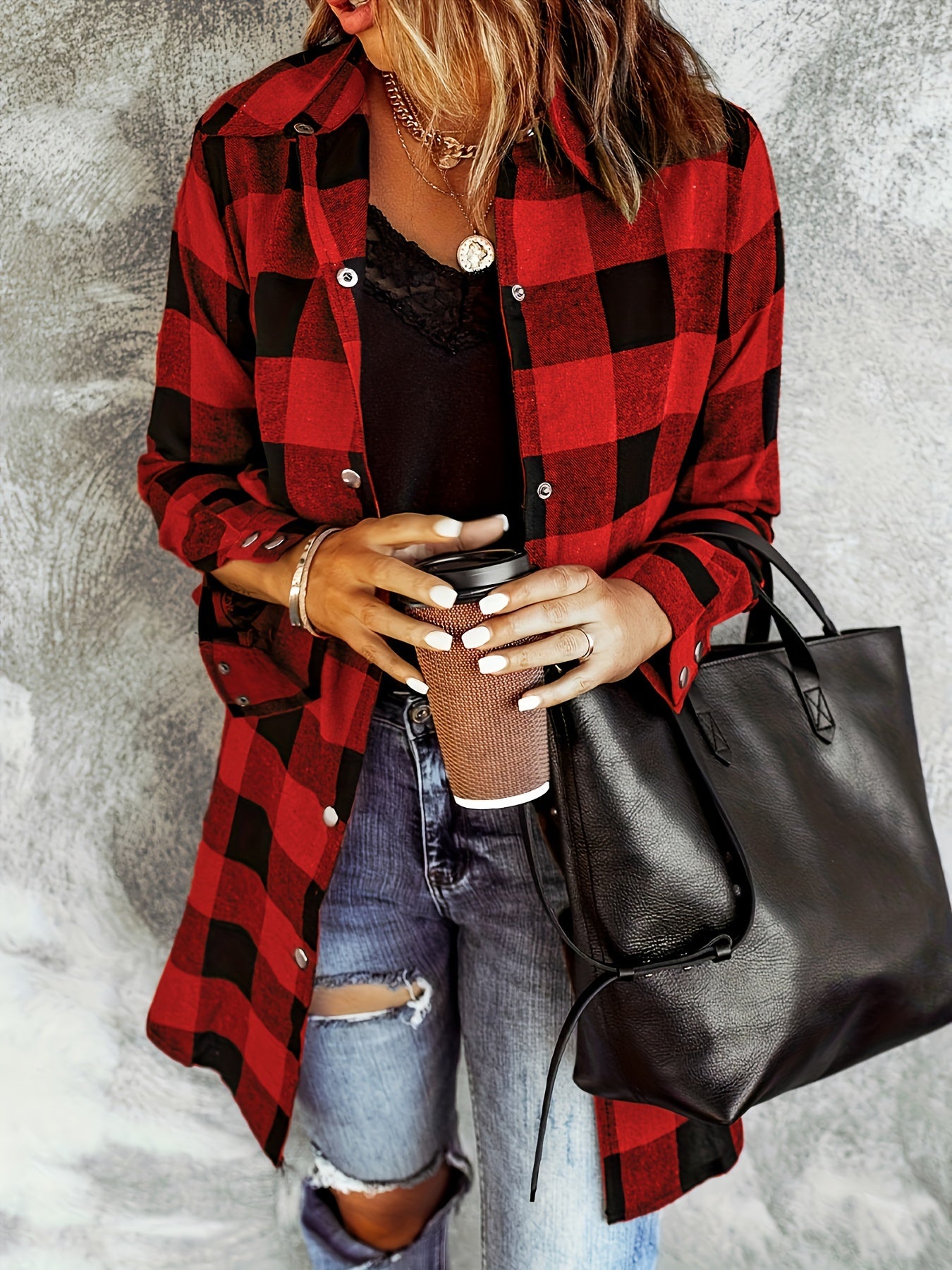 Women's Plaid Shirt - Long Sleeve Button-Up - Relaxed Fit - Soft Woven Fabric