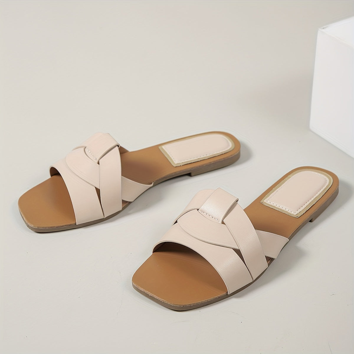 Women's Square Toe Slide Sandals - PU Strappy Flats for Casual Spring & Summer Beachwear