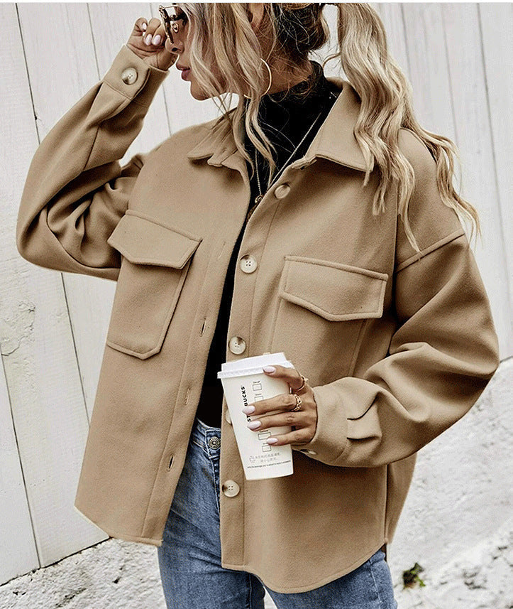 Women’s Oversized Jacket – Wool Blend – Button Front – Chest Flap Pockets – Dropped Shoulder