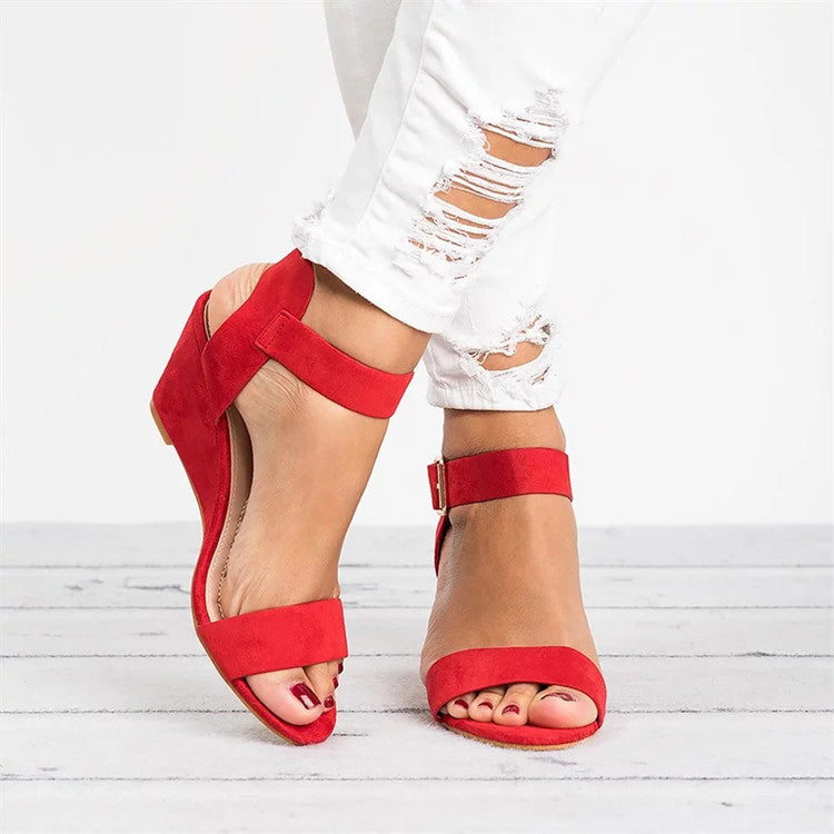Women’s Wedge Sandals – Faux Leather – Open Toe – Buckle Ankle Strap – Casual Fit