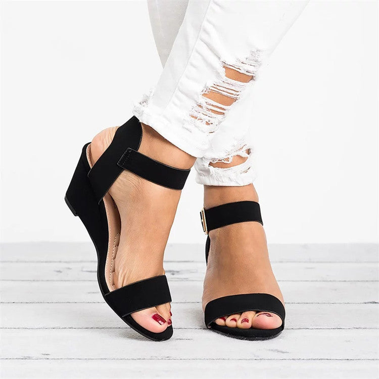 Women’s Wedge Sandals – Faux Leather – Open Toe – Buckle Ankle Strap – Casual Fit