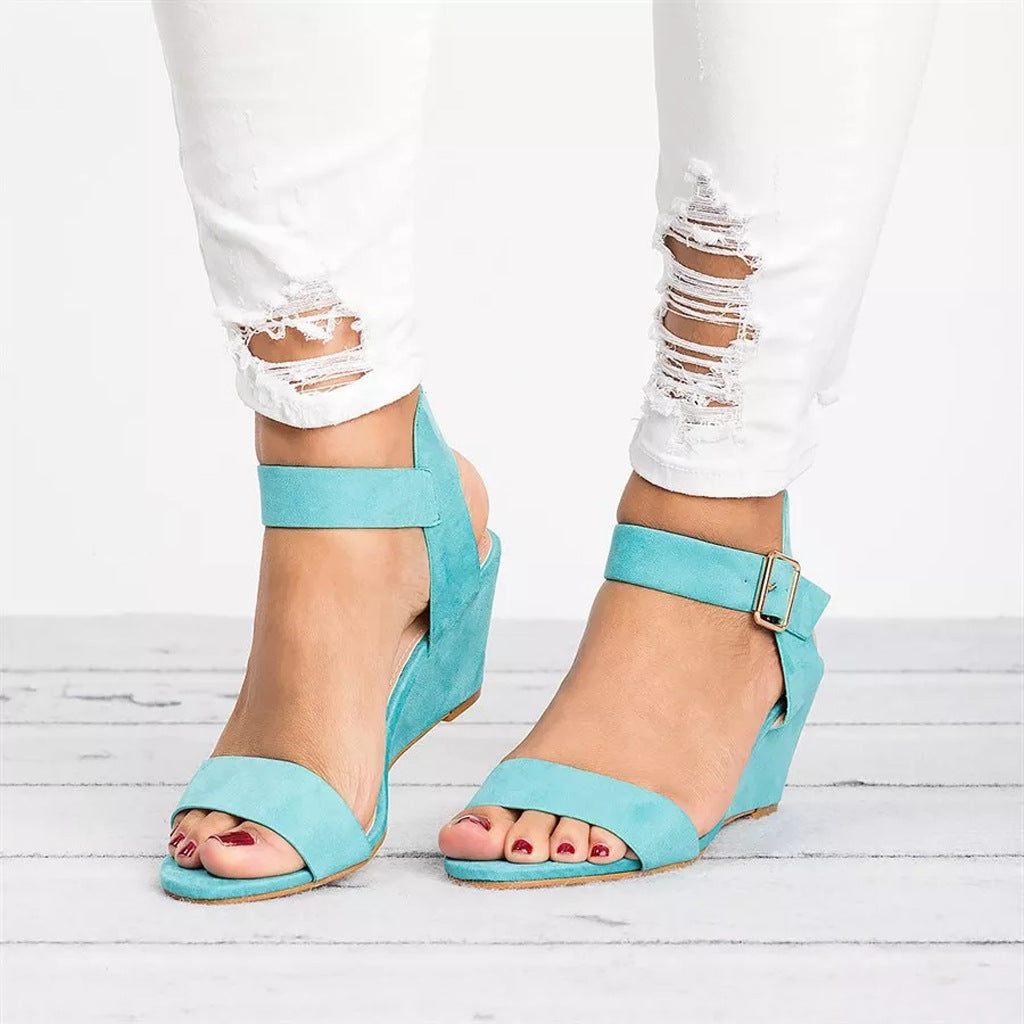 Women’s Wedge Sandals – Faux Leather – Open Toe – Buckle Ankle Strap – Casual Fit