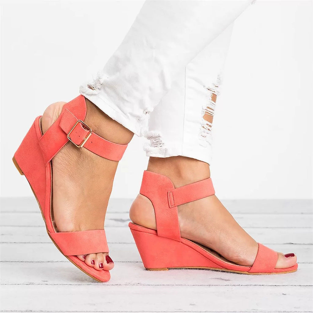 Women’s Wedge Sandals – Faux Leather – Open Toe – Buckle Ankle Strap – Casual Fit