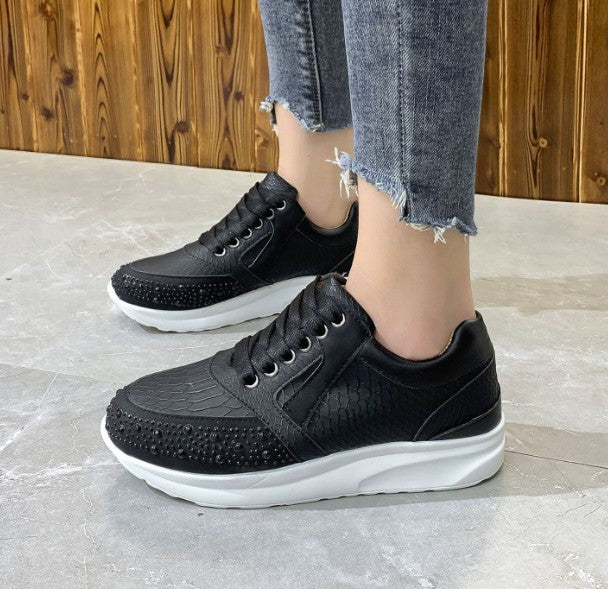 Women’s Ortho Sneakers – Rhinestone Detail – Snakeskin Texture – Lace-Up Support