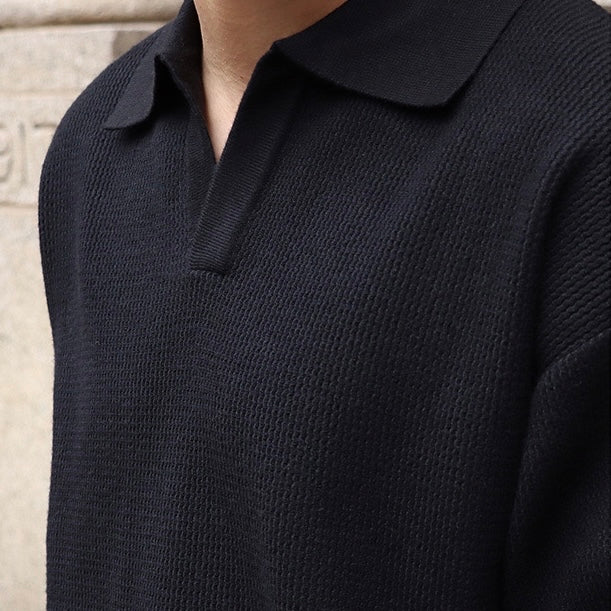 Men’s Knit Pullover Top – Relaxed Fit – Ribbed Cotton Blend – Buttonless Collar – Long Sleeve
