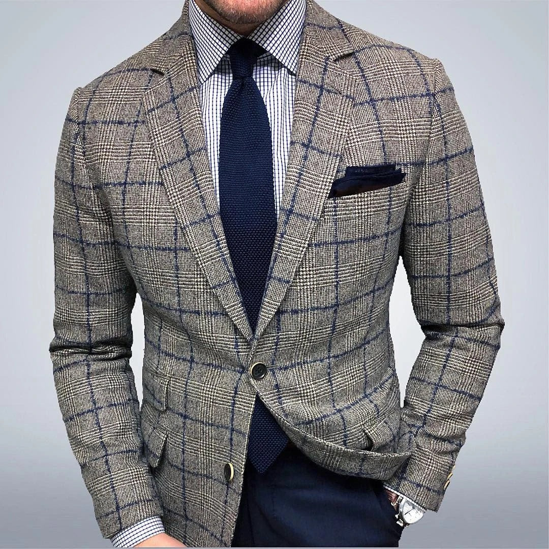 Men’s Blazer – Slim Fit Wool Blend – Checkered Pattern – Single Breasted Formal Wear