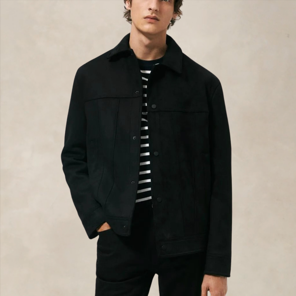 Men’s Suede Jacket – Regular Fit – Button-Up Front – Classic Collar – Hip Length