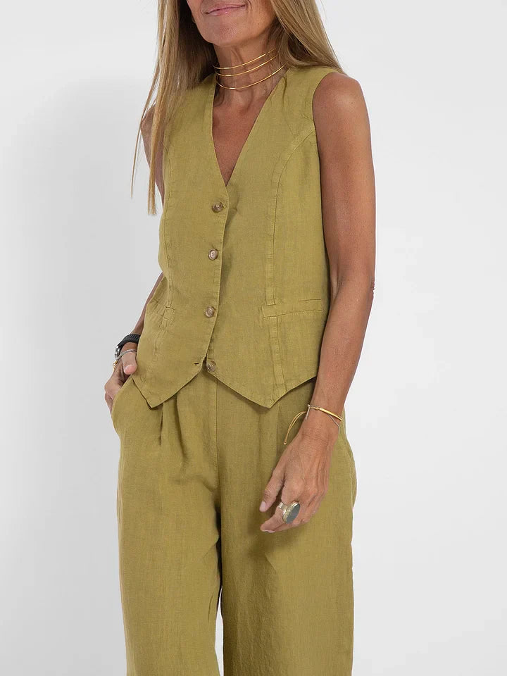 Women's Tailored Vest - Lightweight Linen - Fitted Buttoned Front - Versatile Formal & Casual