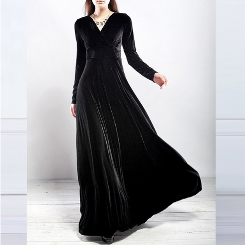 Women’s Evening Dress – Velvet Texture – A-Line Fit – Deep V-Neck – Long Sleeve