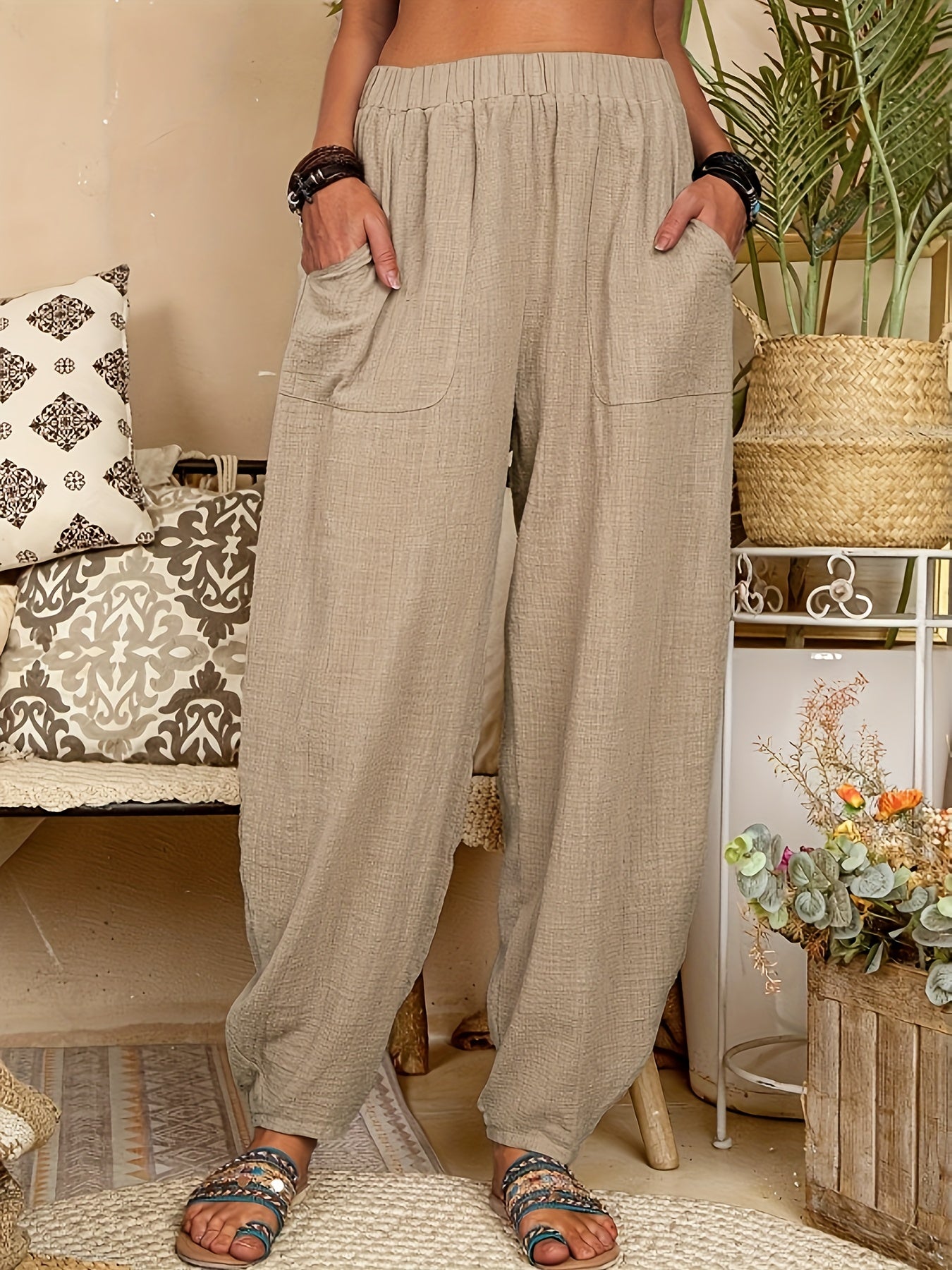 Women's Trousers - Relaxed Fit - Elastic Waist - Lightweight & Breathable - Pocket Detail
