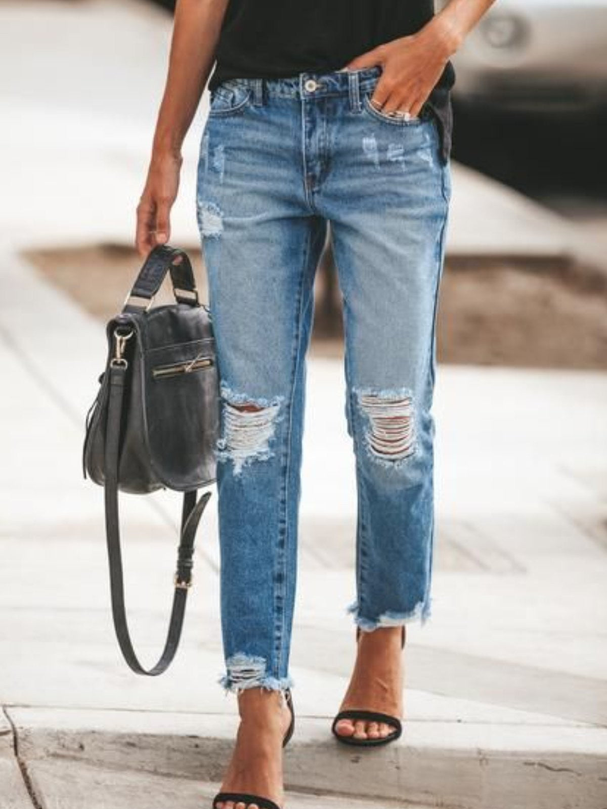 Women’s Denim Pants – Relaxed Fit – Distressed – Straight Leg – Ankle Length – Street Style