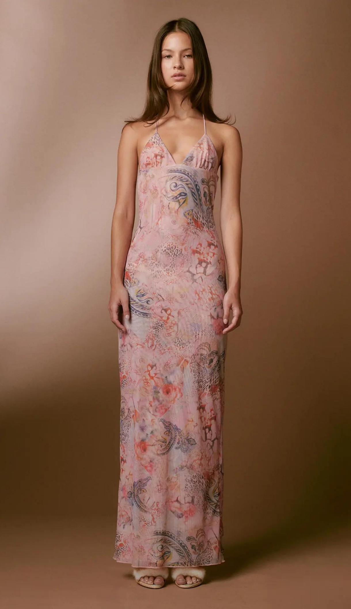 Women’s Full-Length Dress – Slim Fit – Open Back – Butterfly Embellishments – Draped Fabric
