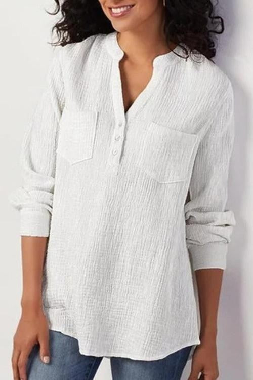Women’s Blouse – Relaxed Fit – Long Sleeve – Soft Textured – Band Collar – Chest Pockets