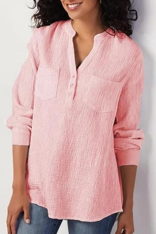 Women’s Blouse – Relaxed Fit – Long Sleeve – Soft Textured – Band Collar – Chest Pockets