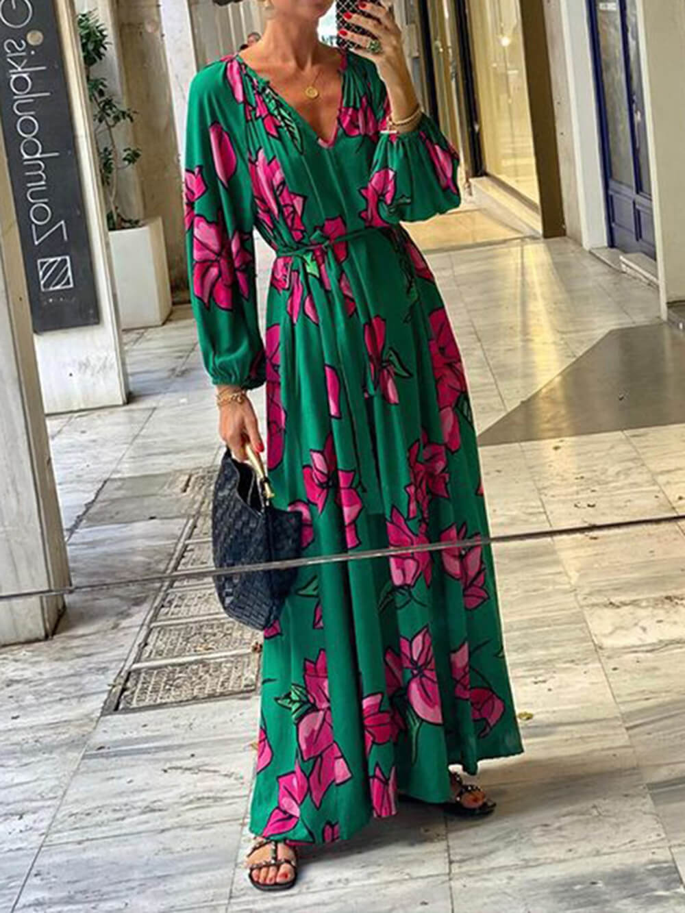 Women’s Maxi Dress – Floral Print – V-Neck – Long Sleeve – Belted Waist – Lightweight