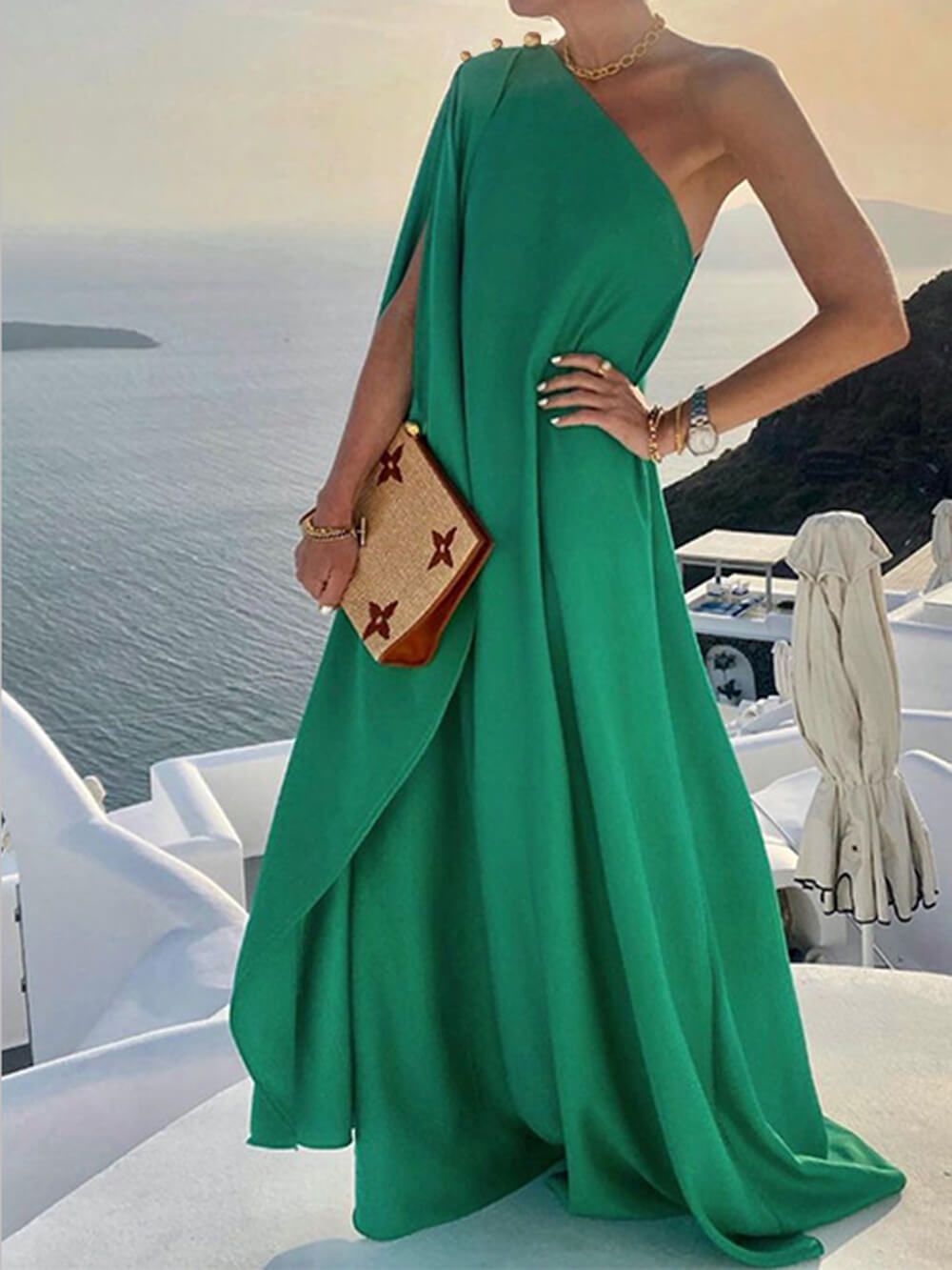 Women’s Maxi Dress - One Shoulder Draped Design - Elegant Formal Evening Wear