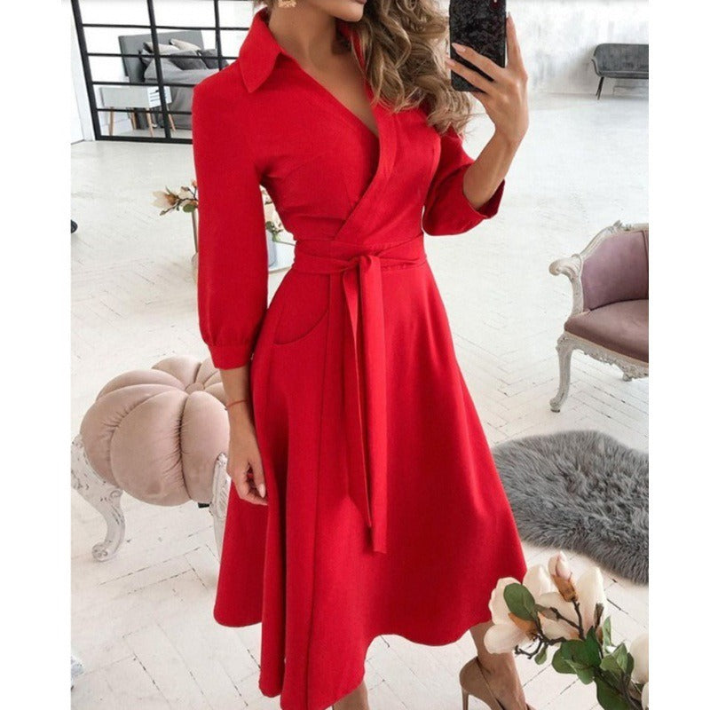 Women’s Wrap Dress - V-Neckline - Fitted Waist with Sash - Three-Quarter Sleeve Midi