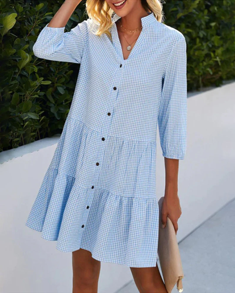 Women’s A-Line Dress – Checked Pattern – Tiered Hem – 3/4 Sleeve – Natural Fibers