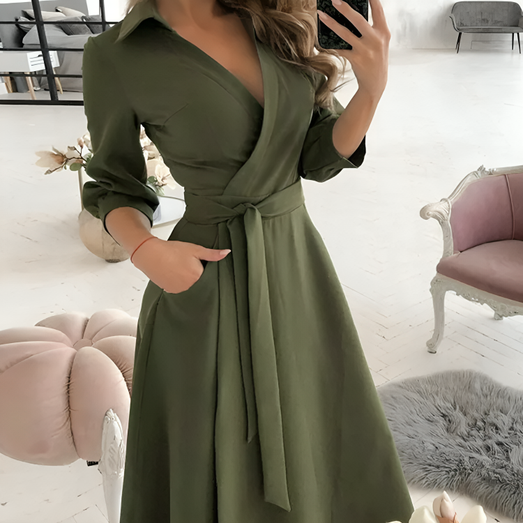 Women's Wrap Dress - V-Neck - Self-Tie Waist - 3/4 Sleeve - Flowy A-Line Silhouette