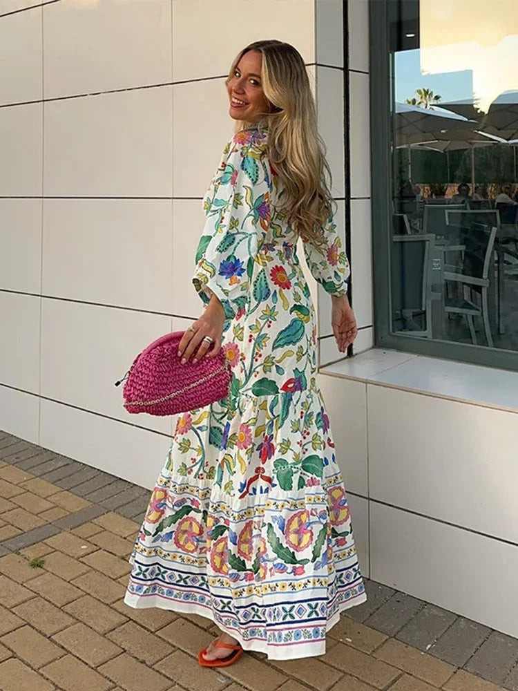 Women's Maxi Dress - Bohemian Style - V-Neck Wrap - Long Sleeve Tiered Skirt
