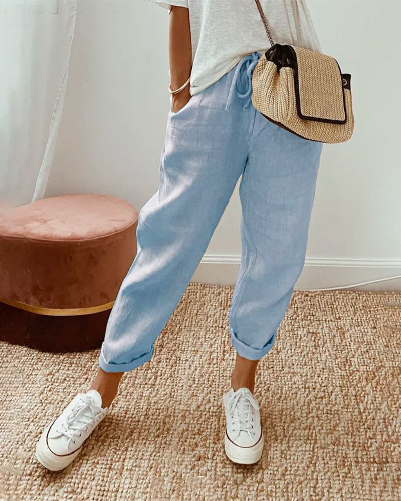 Women's Trousers - Relaxed Fit - Drawstring Waist - Casual Everyday Comfort