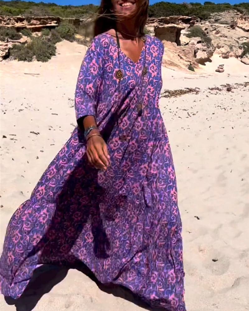 Women’s Maxi Dress – Loose Fit – V-Neck – Boho Print – Breathable Blend – Elbow Sleeve