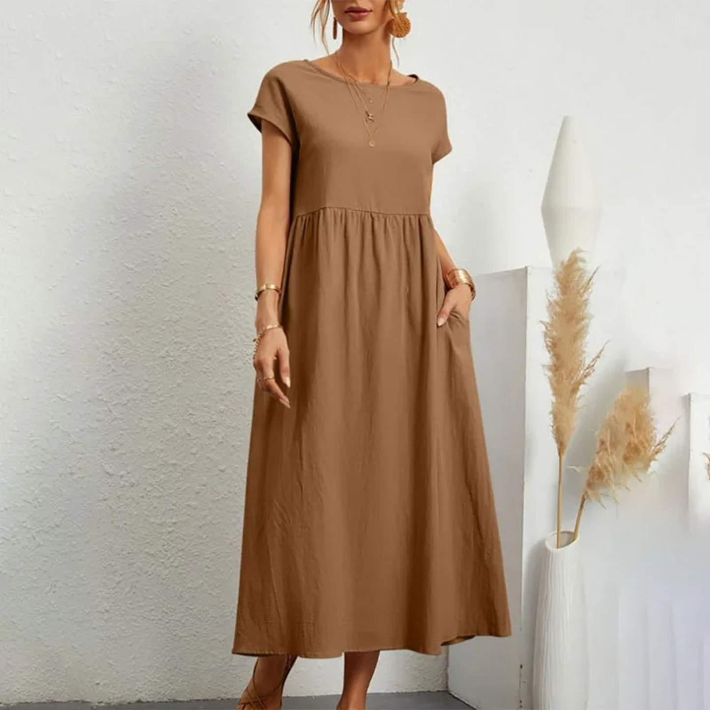 Women's Linen Maxi Dress - Short Sleeve - Round Neck - Empire Waist - Relaxed Fit