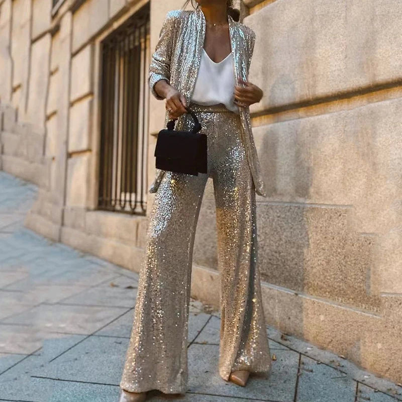 Women’s Two-Piece Set – Sequin Jacket – High-Waisted Wide-Leg Trousers – Evening Wear
