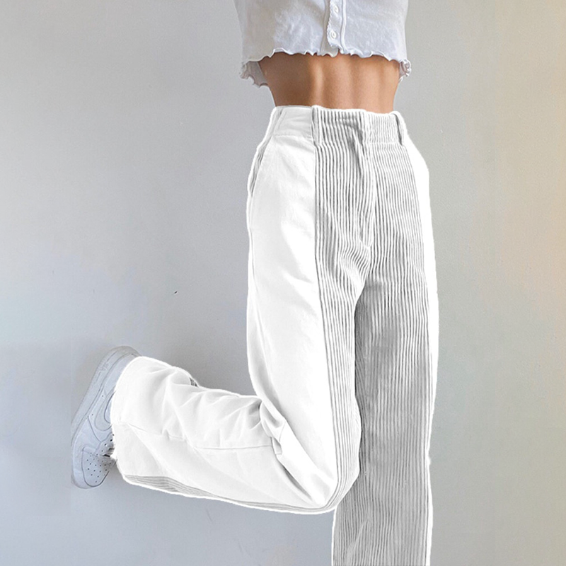 Women's Trousers - High Waist - Flared Wide Leg - Ribbed Side Detailing - Casual Fit