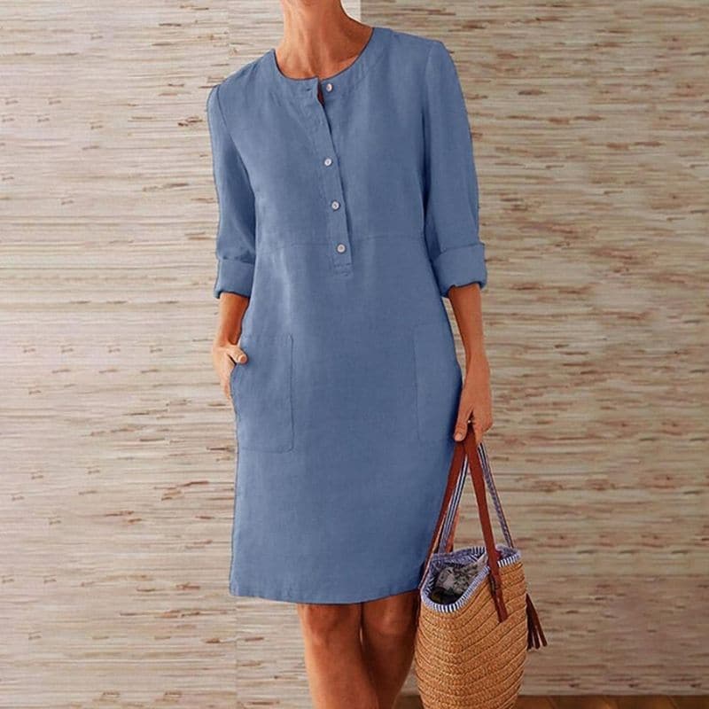 Women’s Shirt Dress – Relaxed Fit – Breathable Blend – Button Front – Knee Length – Pockets