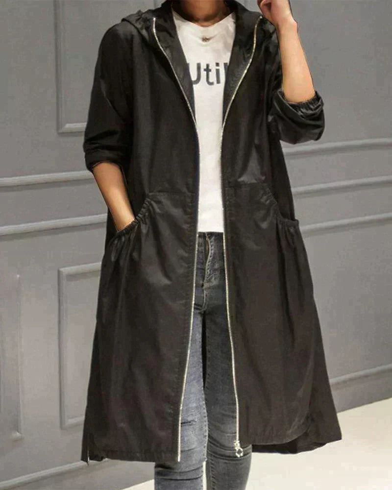 Women’s Hooded Jacket – Waterproof Lightweight – Relaxed Fit – Knee Length – Zip Closure