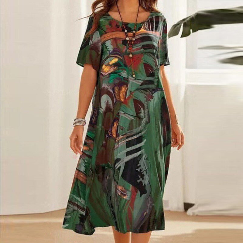 Women’s Casual Dress – Loose Fit – Short Sleeve – Abstract Pattern – Mid-Length