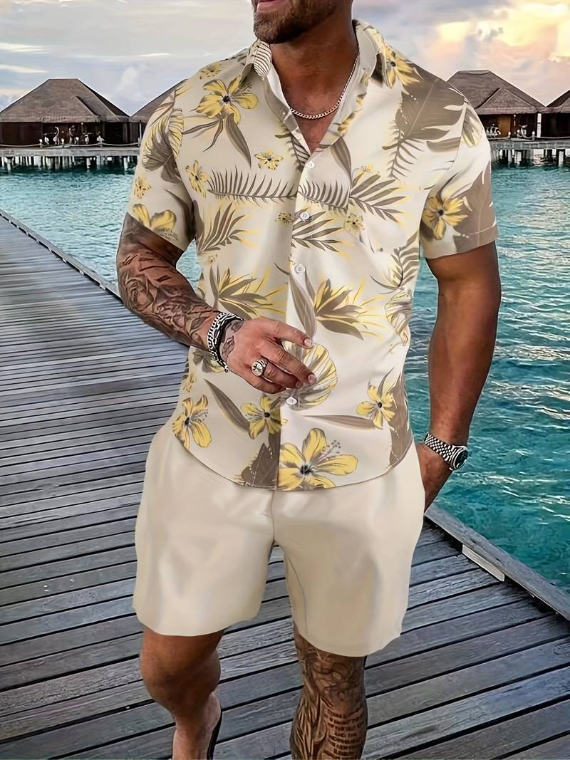 Men’s Short-Sleeve Button-Up Shirt – Tropical Floral Print – Casual Lightweight Wear