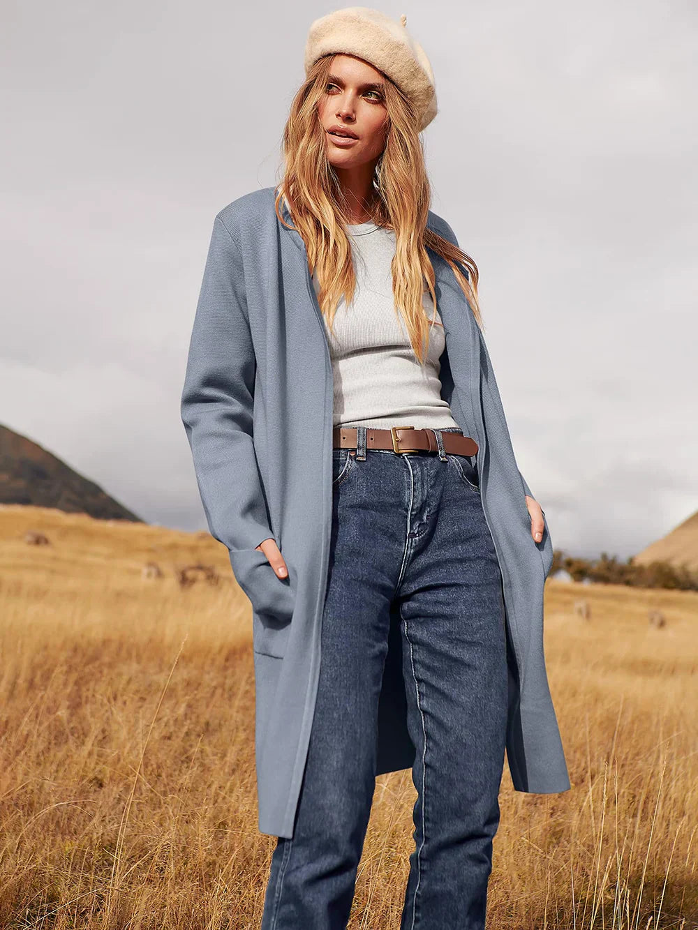 Women’s Knee-Length Coat – Wool Blend – Relaxed Fit – Wide Lapel – Patch Pockets