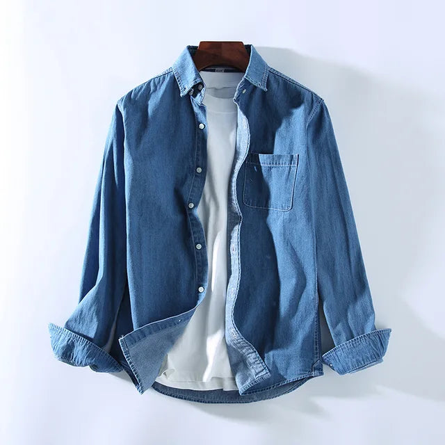 Men’s Denim Shirt - Button-Up - Long Sleeve - Classic Collar - Casual Wear