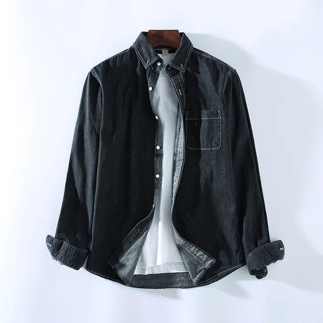 Men’s Denim Shirt - Button-Up - Long Sleeve - Classic Collar - Casual Wear