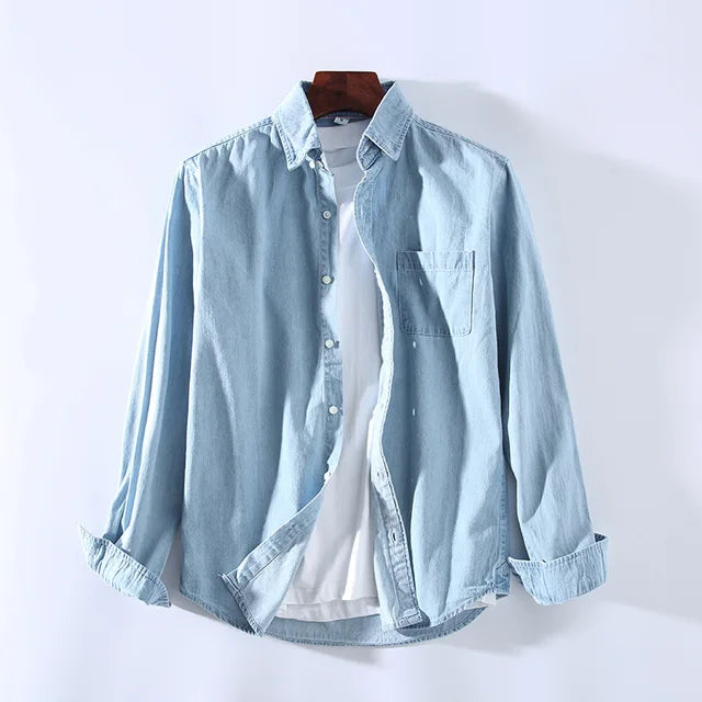 Men’s Denim Shirt - Button-Up - Long Sleeve - Classic Collar - Casual Wear