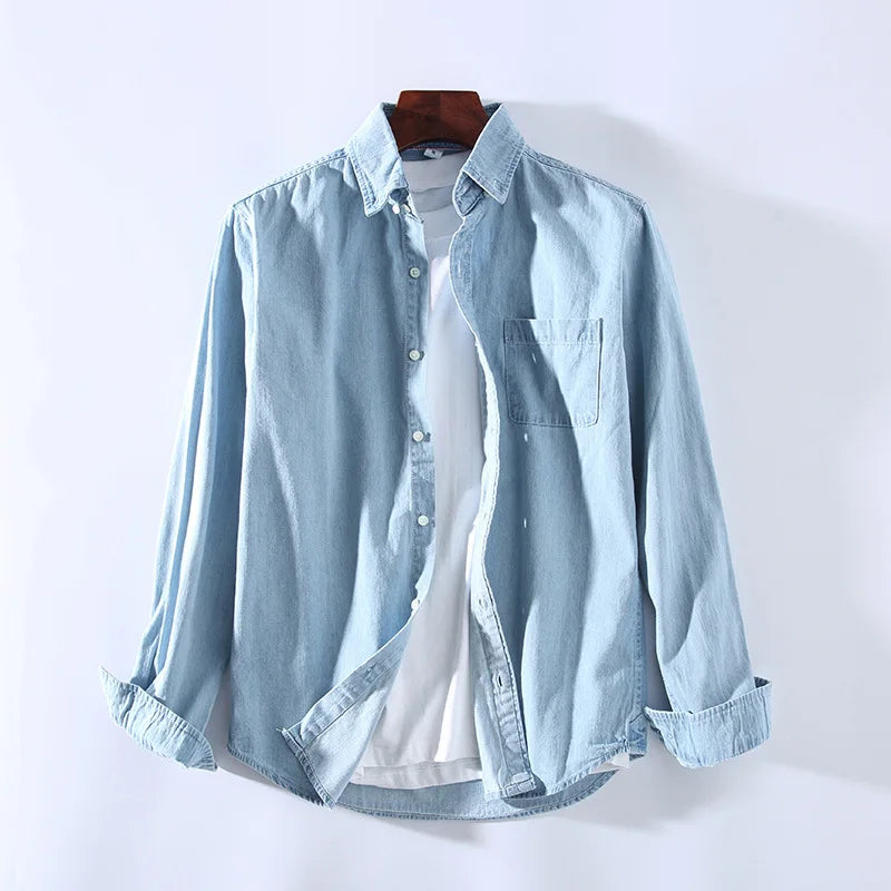 Men’s Denim Shirt - Button-Up - Long Sleeve - Classic Collar - Casual Wear