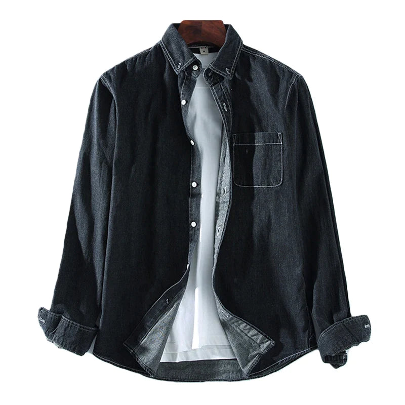 Men’s Denim Shirt - Button-Up - Long Sleeve - Classic Collar - Casual Wear