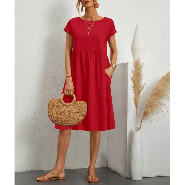 Women's Cotton Linen Short Sleeve Midi Dress