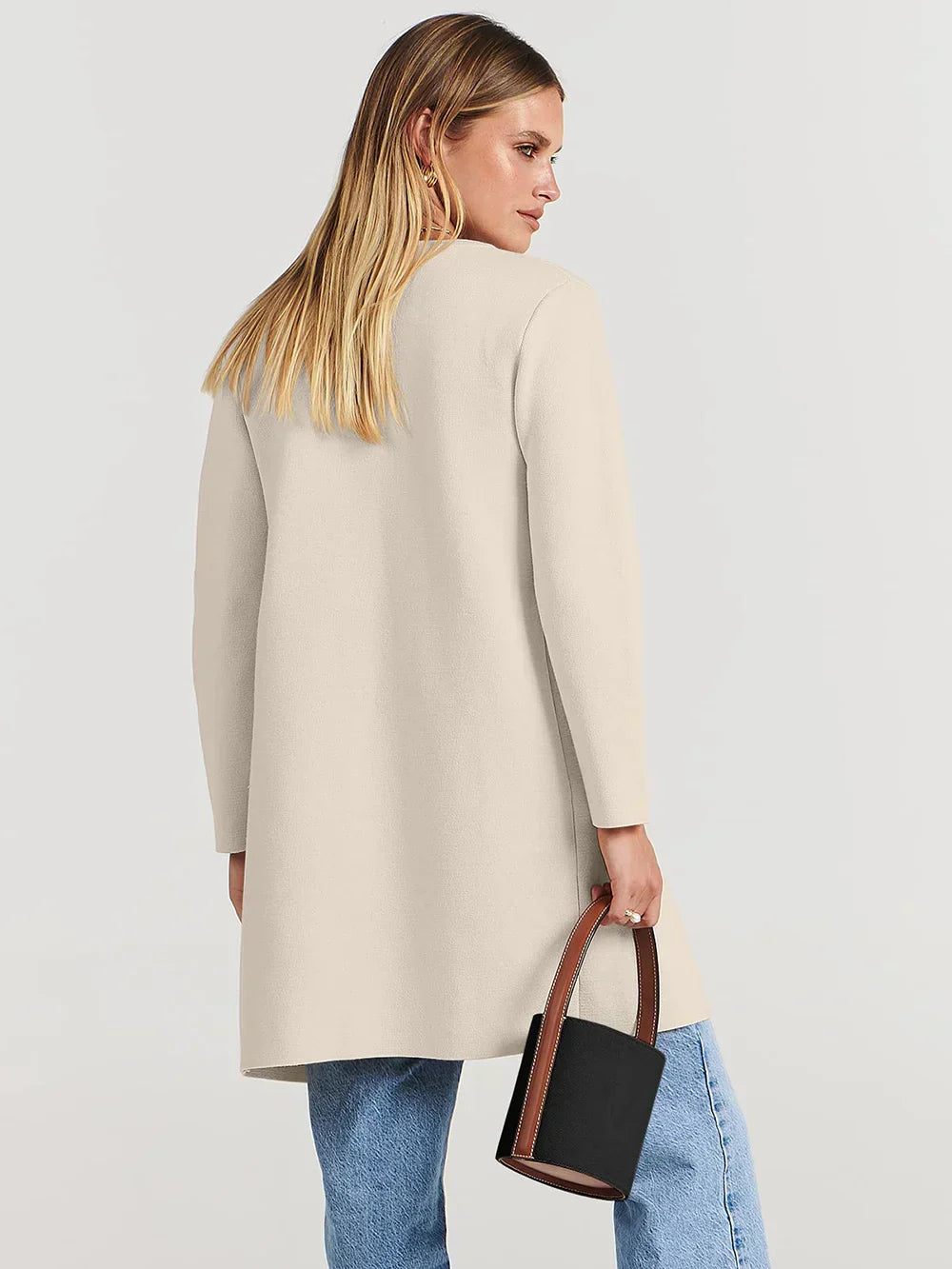 Women’s Knee-Length Coat – Wool Blend – Relaxed Fit – Wide Lapel – Patch Pockets