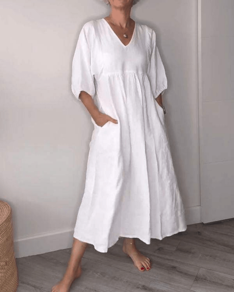 Women’s Mid-Length Dress – V-Neck – Relaxed A-Line Fit – Lightweight Cotton – With Pockets