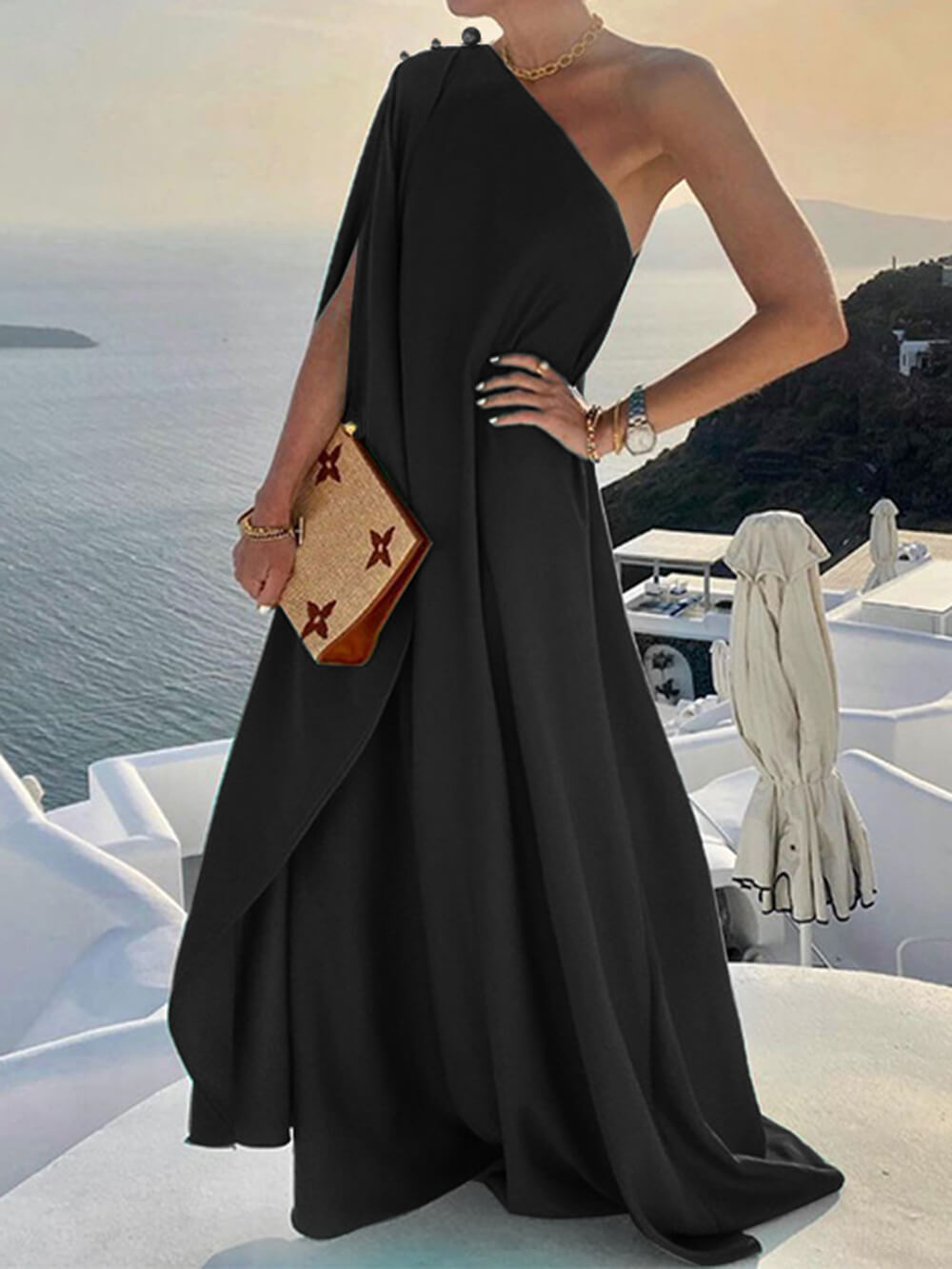 Women’s Maxi Dress - One Shoulder Draped Design - Elegant Formal Evening Wear