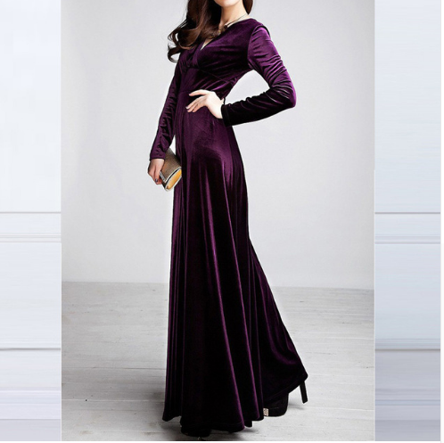 Women’s Evening Dress – Velvet Texture – A-Line Fit – Deep V-Neck – Long Sleeve